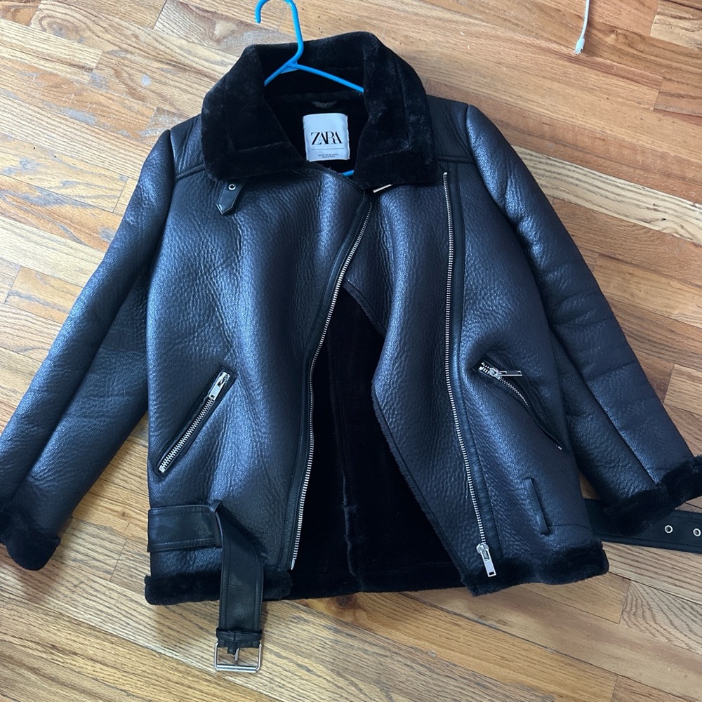 ZARA Black Faux Leather Shearling Biker Jacket with Silver Hardware